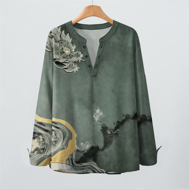 Buddha Stones Camicia da uomo a maniche lunghe con scollo a V e bottoni, in cotone, con motivo vintage a drago. - image 9