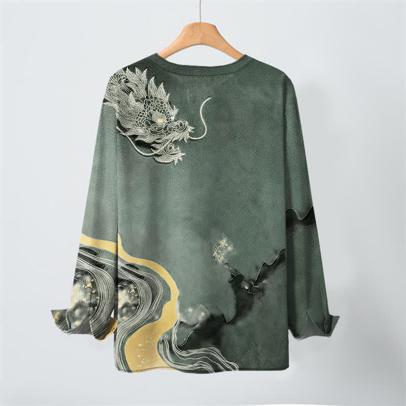 Buddha Stones Camicia da uomo a maniche lunghe con scollo a V e bottoni, in cotone, con motivo vintage a drago. - image 10