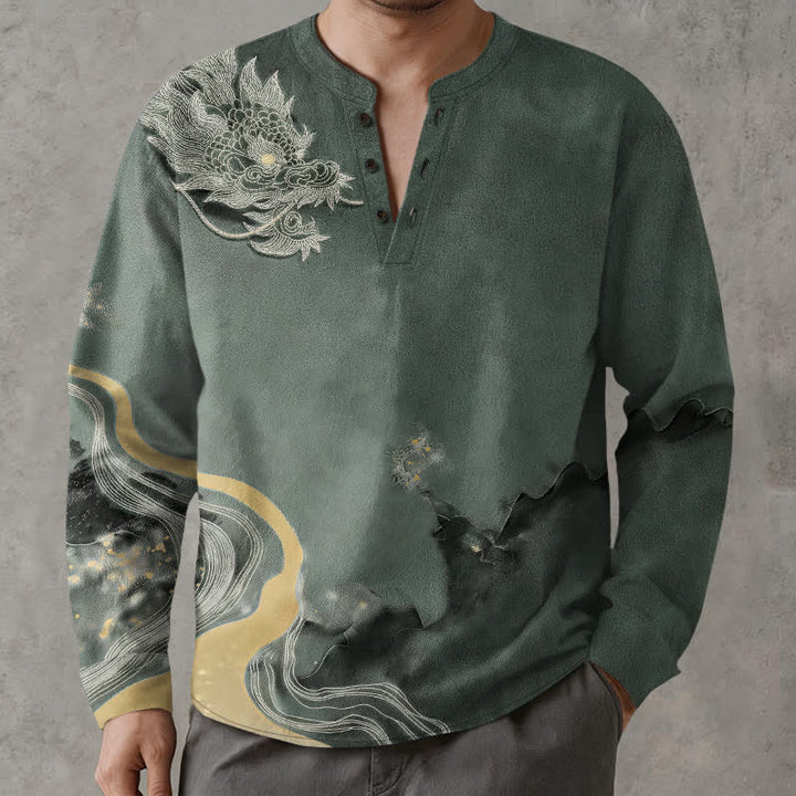 Buddha Stones Camicia da uomo a maniche lunghe con scollo a V e bottoni, in cotone, con motivo vintage a drago. - image 8