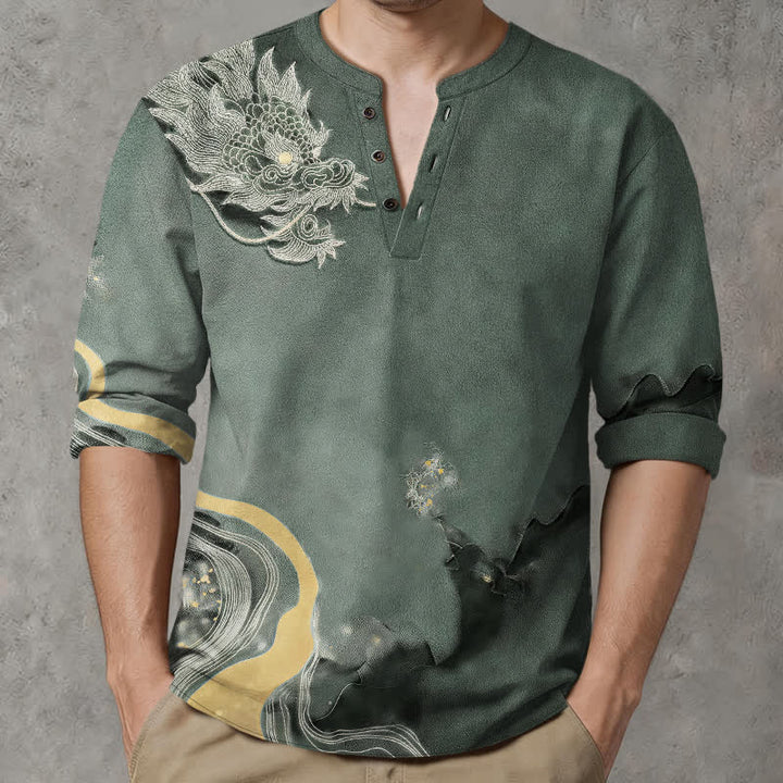 Buddha Stones Camicia da uomo a maniche lunghe con scollo a V e bottoni, in cotone, con motivo vintage a drago. - Verde Mare Scuro - US/UK/AU48, EU58 (4XL) - image 7