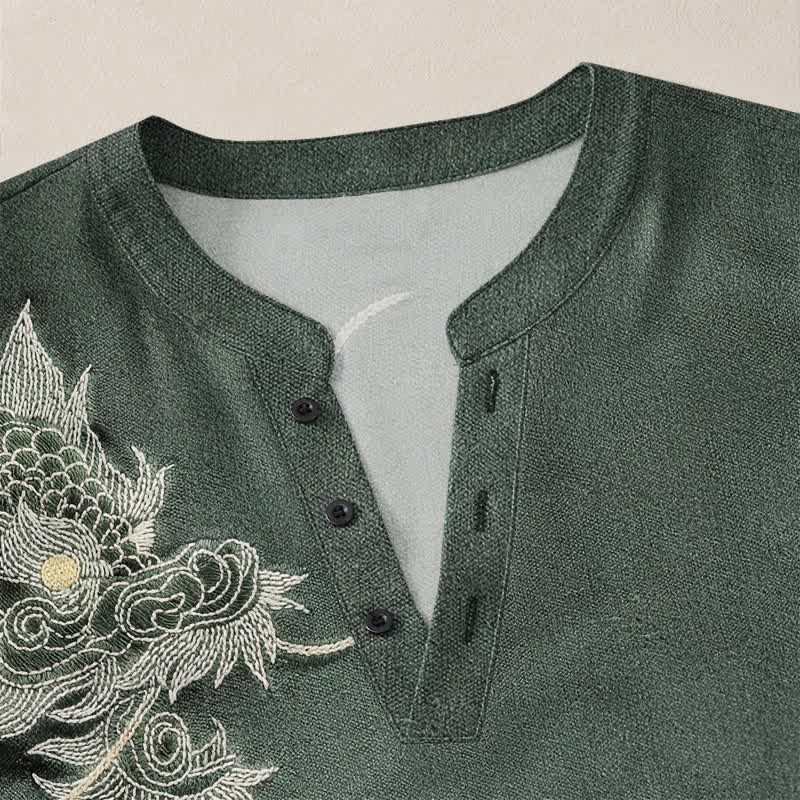 Buddha Stones Camicia da uomo a maniche lunghe con scollo a V e bottoni, in cotone, con motivo vintage a drago. - image 11