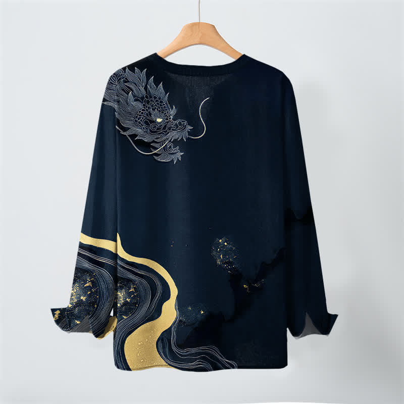 Buddha Stones Camicia da uomo a maniche lunghe con scollo a V e bottoni, in cotone, con motivo vintage a drago. - image 17