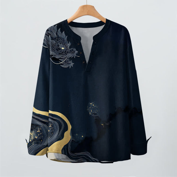 Buddha Stones Camicia da uomo a maniche lunghe con scollo a V e bottoni, in cotone, con motivo vintage a drago. - image 16