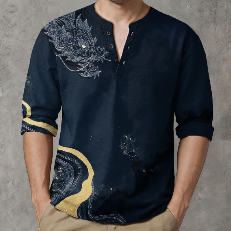 Buddha Stones Camicia da uomo a maniche lunghe con scollo a V e bottoni, in cotone, con motivo vintage a drago. - Blu mezzanotte - US/UK/AU48, EU58 (4XL) - image 14