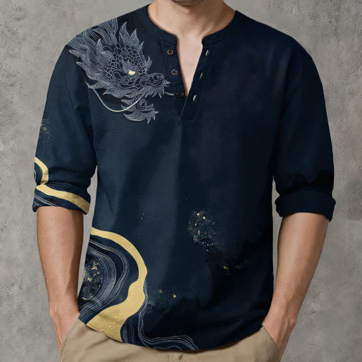 Buddha Stones Camicia da uomo a maniche lunghe con scollo a V e bottoni, in cotone, con motivo vintage a drago. - Blu mezzanotte - US/UK/AU48, EU58 (4XL) - image 14