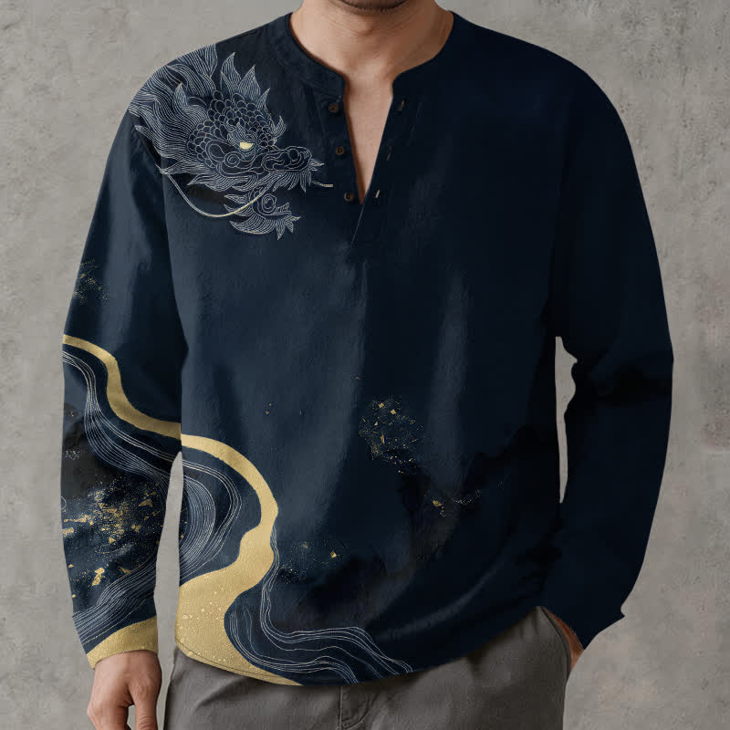 Buddha Stones Camicia da uomo a maniche lunghe con scollo a V e bottoni, in cotone, con motivo vintage a drago. - image 15