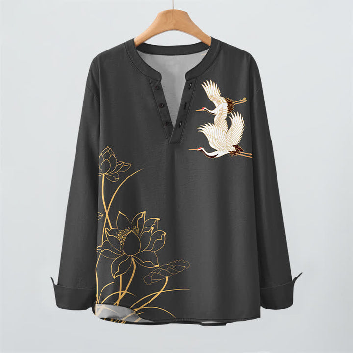 Buddha Stones Camicia da uomo a maniche lunghe con scollo a V e bottoni, in cotone con motivo a loto e gru. - image 9