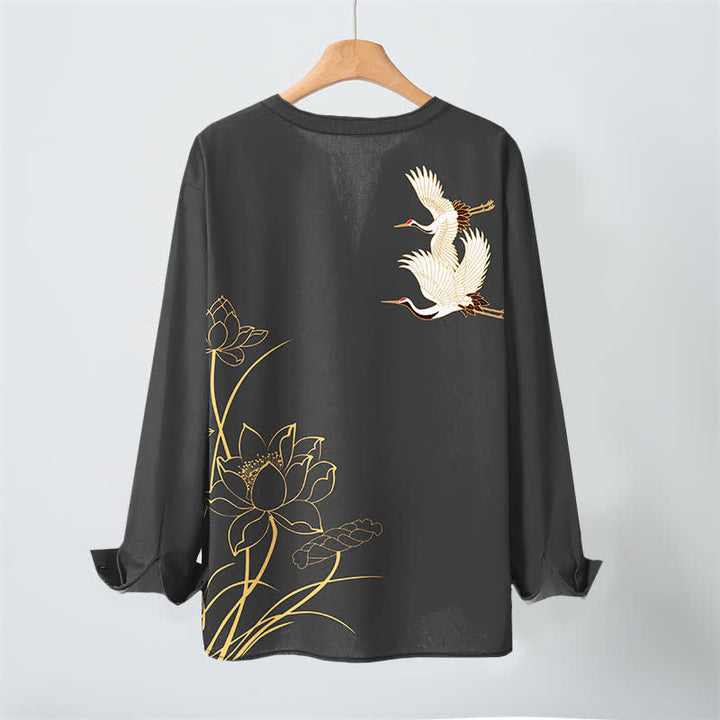 Buddha Stones Camicia da uomo a maniche lunghe con scollo a V e bottoni, in cotone con motivo a loto e gru. - image 10