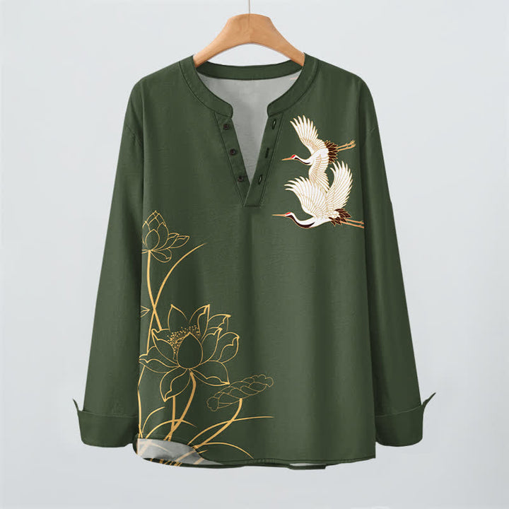 Buddha Stones Camicia da uomo a maniche lunghe con scollo a V e bottoni, in cotone con motivo a loto e gru. - image 16