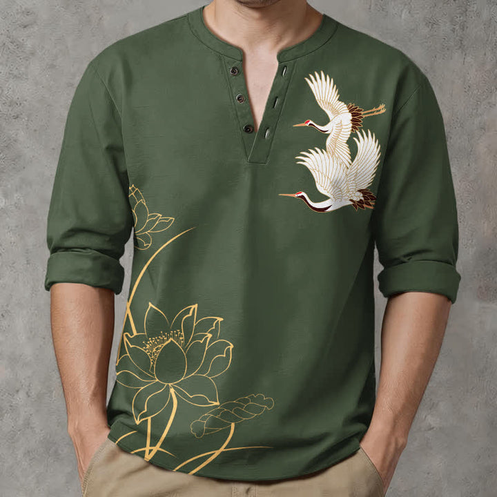 Buddha Stones Camicia da uomo a maniche lunghe con scollo a V e bottoni, in cotone con motivo a loto e gru. - image 15