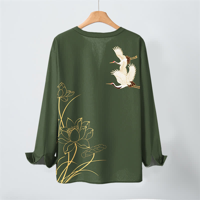Buddha Stones Camicia da uomo a maniche lunghe con scollo a V e bottoni, in cotone con motivo a loto e gru. - image 17