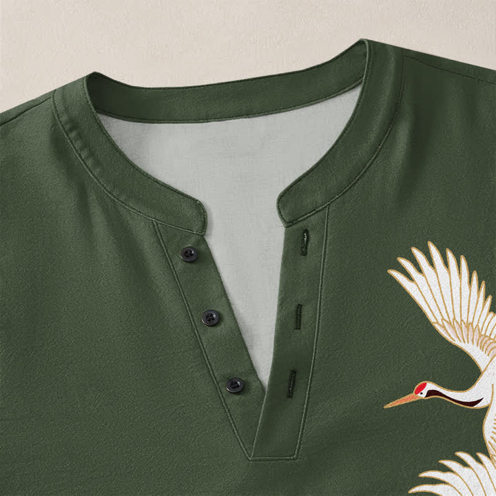 Buddha Stones Camicia da uomo a maniche lunghe con scollo a V e bottoni, in cotone con motivo a loto e gru. - image 18