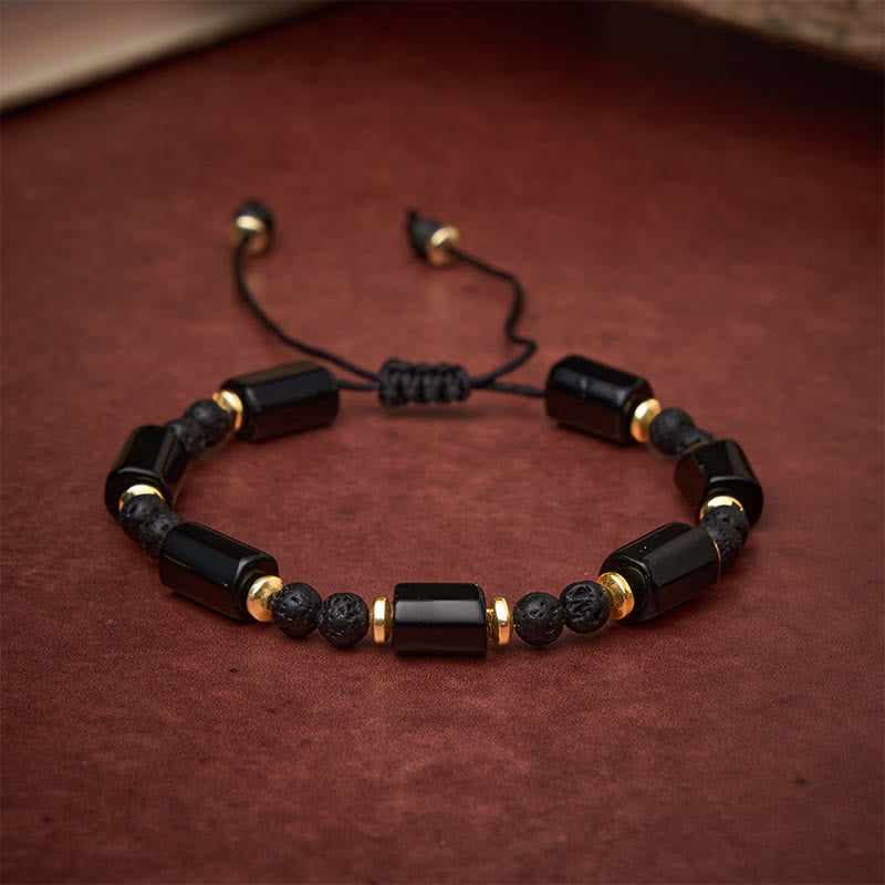Buddha Stones Bracciale regolabile intrecciato protettivo in onice nera e pietra lavica - image 2