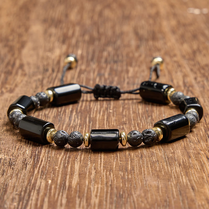 Buddha Stones Bracciale regolabile intrecciato protettivo in onice nera e pietra lavica - Onice nero (Circonferenza del polso: 5,9-6,3 pollici / 15-16 cm) - image 0