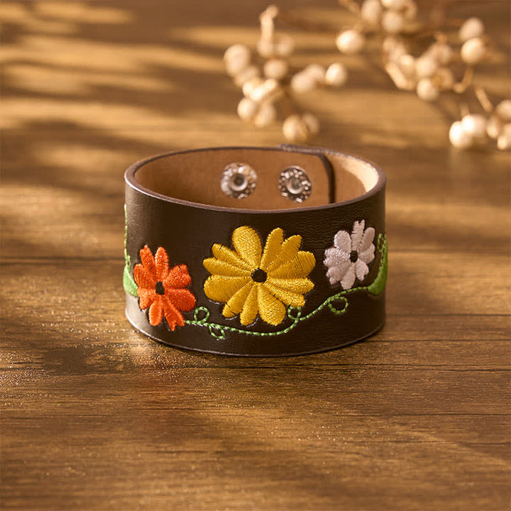 Buddha Stones Bracciale protettivo in pelle intrecciata a mano con ricami floreali. - image 3