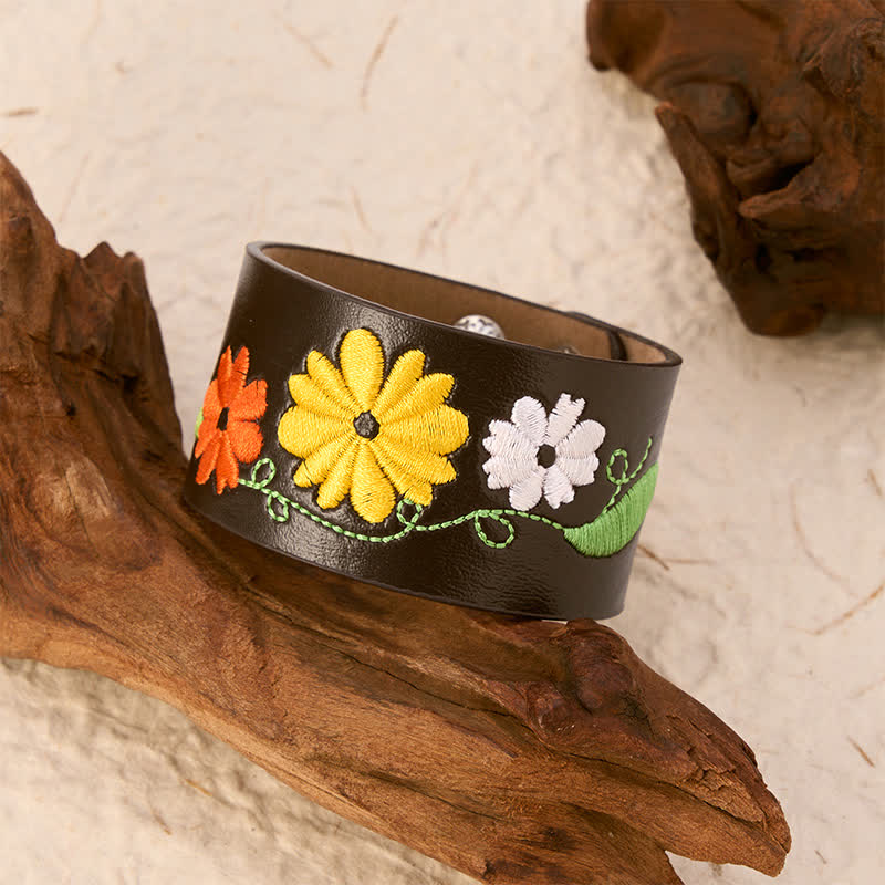 Buddha Stones Bracciale protettivo in pelle intrecciata a mano con ricami floreali. - image 2