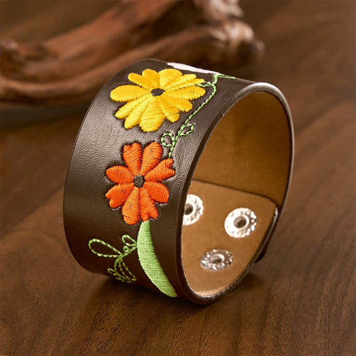 Buddha Stones Bracciale protettivo in pelle intrecciata a mano con ricami floreali. - image 1
