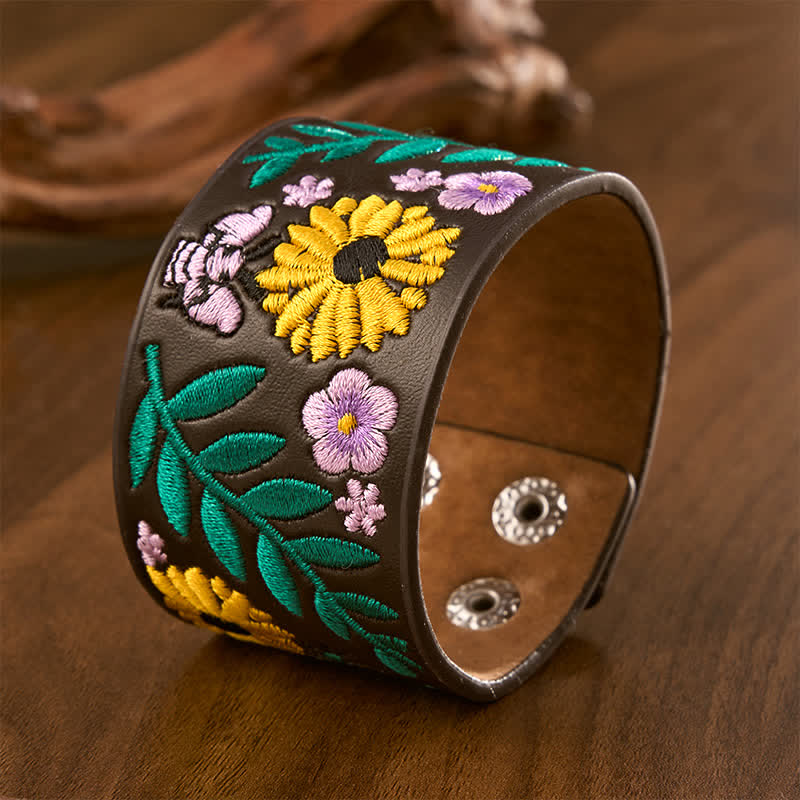 Buddha Stones Bracciale vintage con fibbia in pelle ricamata con fiori, rose e farfalle. - image 1