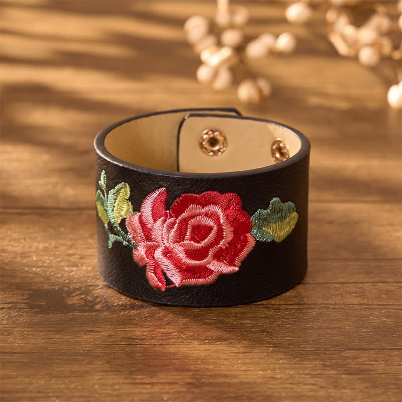 Buddha Stones Bracciale in pelle con fibbia di protezione larga e rose ricamate a rosa - image 1