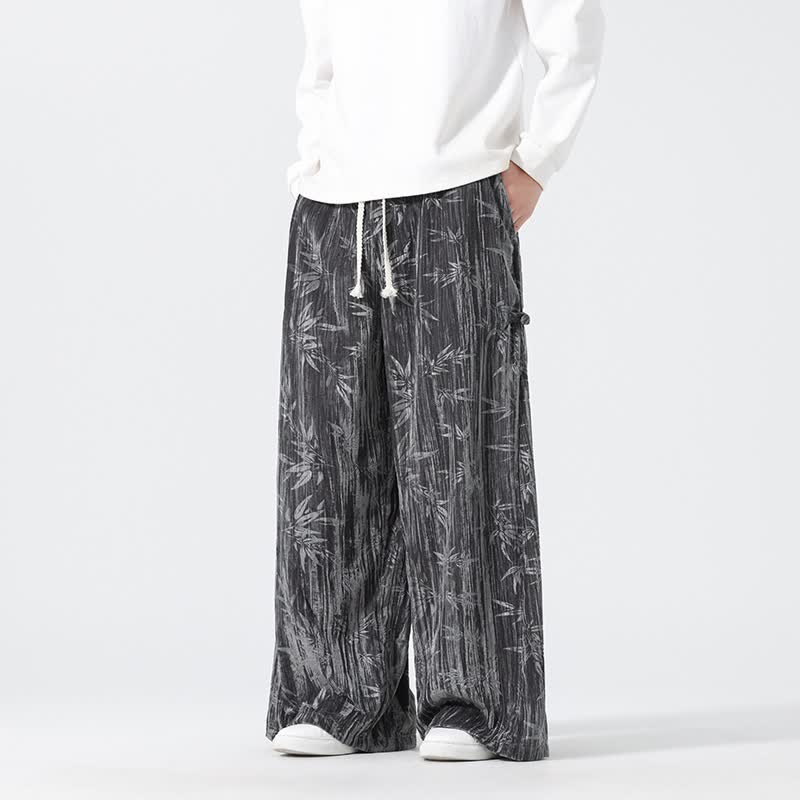 Buddha Stones Pantaloni lunghi da uomo a gamba dritta con coulisse, stile boho, autunno/inverno, con motivo astratto in bambù e tasche. - Grigio tenue - US/UK/AU44, EU54 (4XL) - image 0