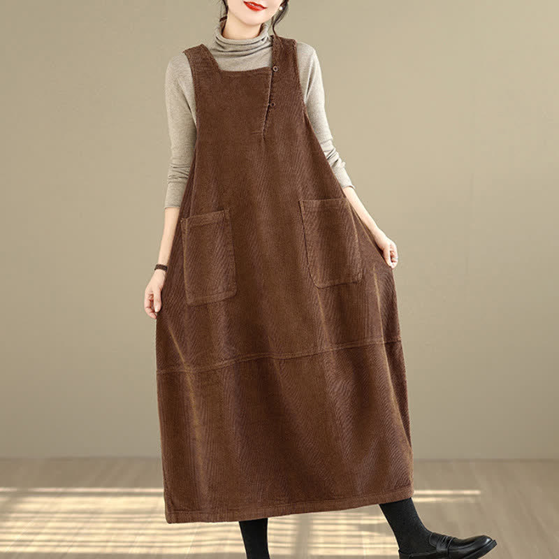 Buddha Stones Abito invernale da donna vintage a tinta unita con scollo rotondo e tasche, senza maniche, ideale per l'autunno e l'inverno. - Marrone sella - US8-10, UK/AU12-14, EU40-42 (2XL) - image 0