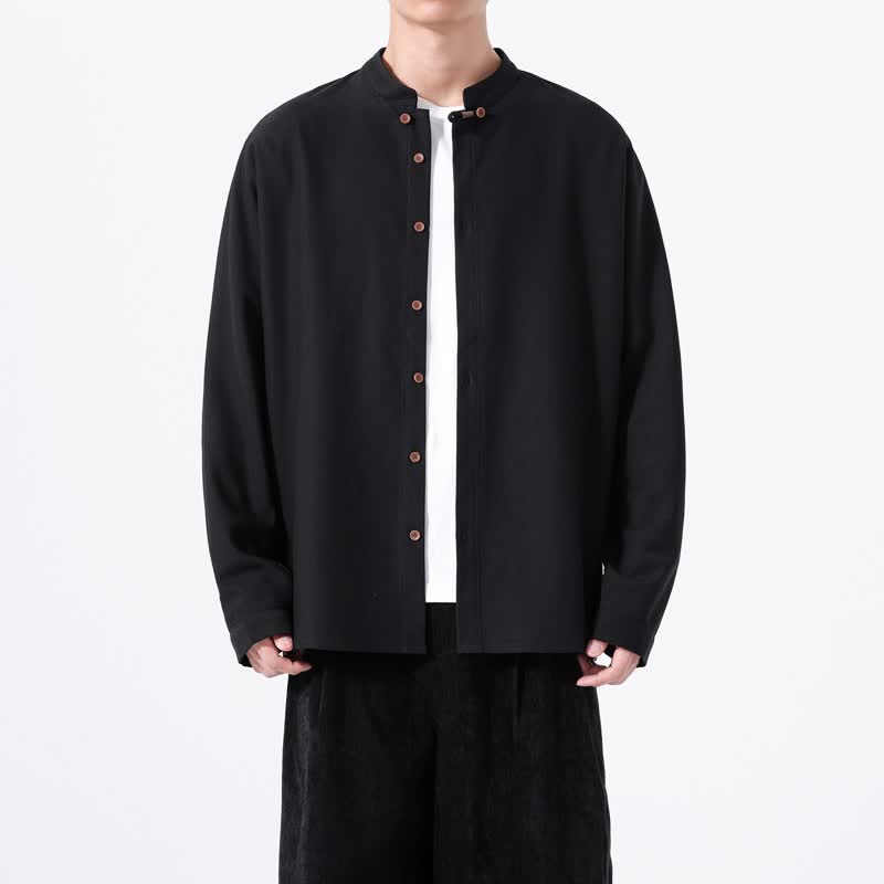 Buddha Stones Camicia da uomo a maniche lunghe, tinta unita, stile Tang, primaverile casual, con bottoni. - Nero - US/UK/AU46, EU56 (5XL) - image 9