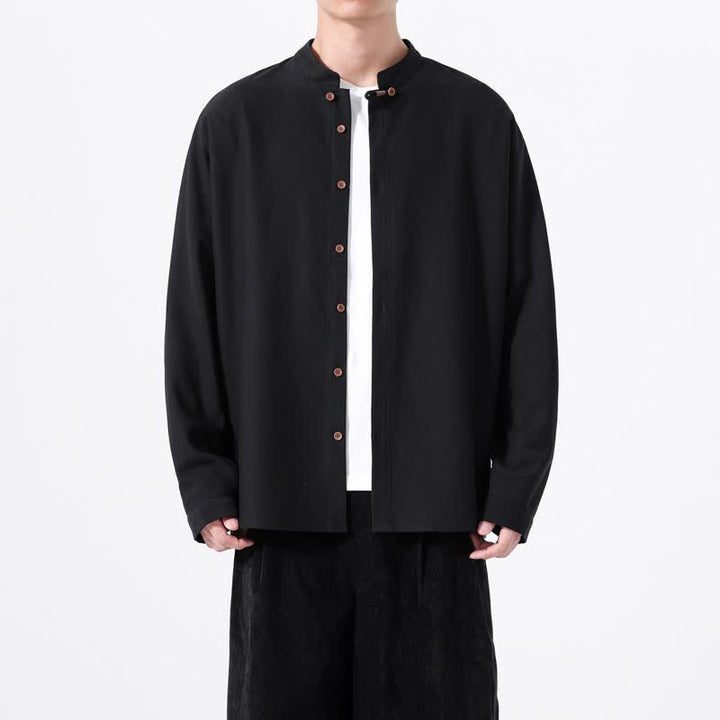Buddha Stones Camicia da uomo a maniche lunghe, tinta unita, stile Tang, primaverile casual, con bottoni. - Nero - US/UK/AU46, EU56 (5XL) - image 9