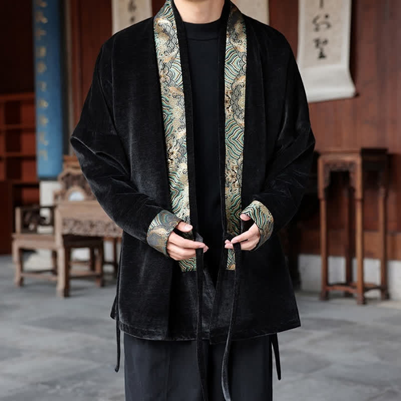 Buddha Stones Kimono da uomo stile Tang vintage con coulisse e finiture ondulate, per autunno/inverno. - image 1