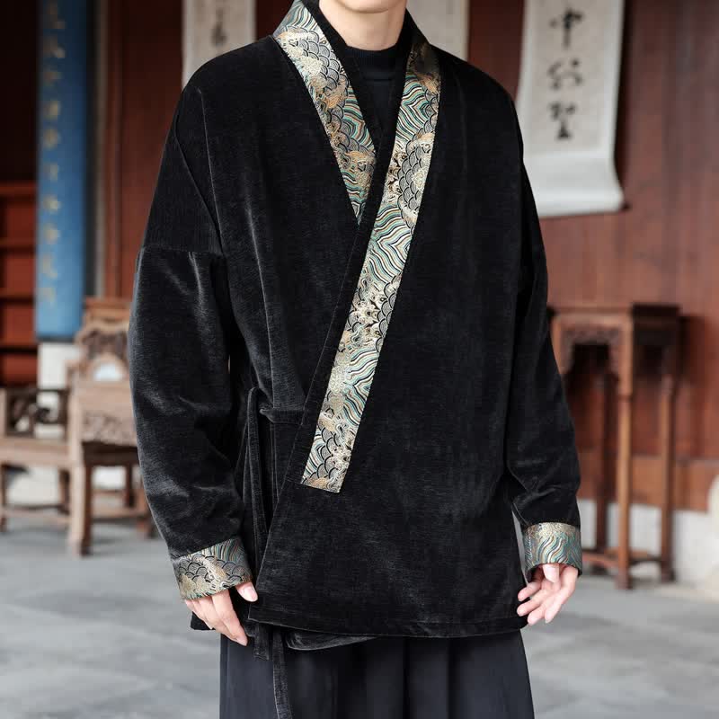 Buddha Stones Kimono da uomo stile Tang vintage con coulisse e finiture ondulate, per autunno/inverno. - Nero - US/UK/AU46, EU56 (5XL) - image 0
