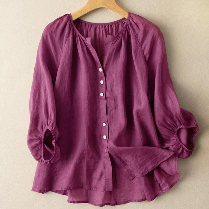 Camicia da donna vintage con bottoni e maniche a tre quarti a sbuffo e scollo a V, con stampa Buddha Stones. - Magenta scuro - US14, UK/AU18, EU46 (4XL) - image 5