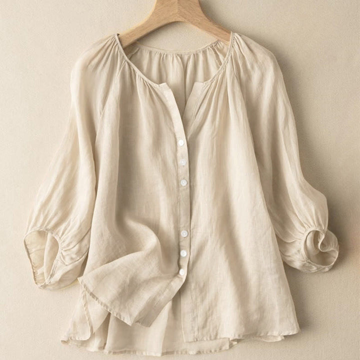 Camicia da donna vintage con bottoni e maniche a tre quarti a sbuffo e scollo a V, con stampa Buddha Stones. - Verga d'oro pallida - US14, UK/AU18, EU46 (4XL) - image 9