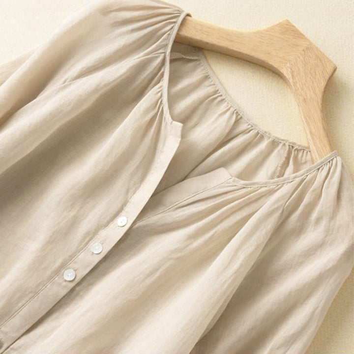 Camicia da donna vintage con bottoni e maniche a tre quarti a sbuffo e scollo a V, con stampa Buddha Stones. - image 10