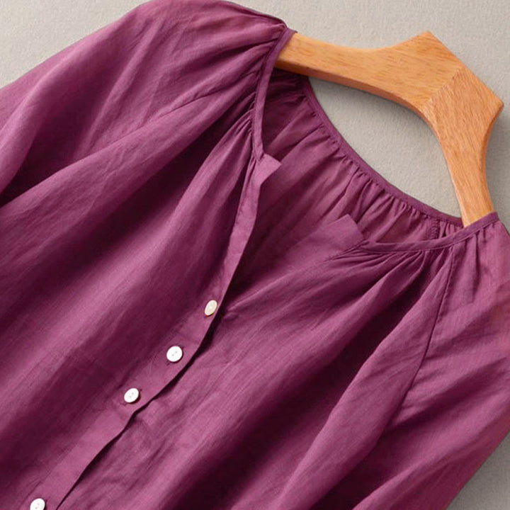 Camicia da donna vintage con bottoni e maniche a tre quarti a sbuffo e scollo a V, con stampa Buddha Stones. - image 6