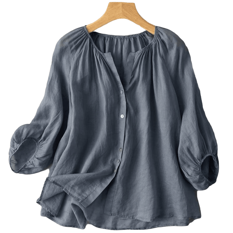 Camicia da donna vintage con bottoni e maniche a tre quarti a sbuffo e scollo a V, con stampa Buddha Stones. - image 2