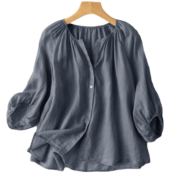 Camicia da donna vintage con bottoni e maniche a tre quarti a sbuffo e scollo a V, con stampa Buddha Stones. - image 2