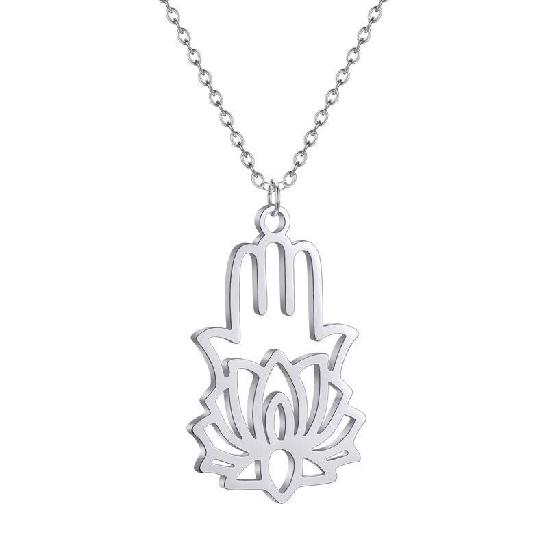 Buddha Stones Collana protettiva per la mano di Hamsa in acciaio al titanio e loto - image 2