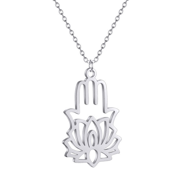 Buddha Stones Collana protettiva per la mano di Hamsa in acciaio al titanio e loto - image 2