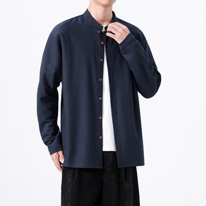 Buddha Stones Camicia da uomo a maniche lunghe, tinta unita, stile Tang, primaverile casual, con bottoni. - image 1