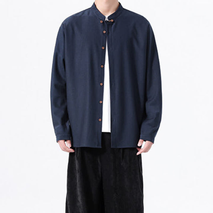 Buddha Stones Camicia da uomo a maniche lunghe, tinta unita, stile Tang, primaverile casual, con bottoni. - image 8