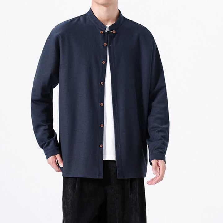 Buddha Stones Camicia da uomo a maniche lunghe, tinta unita, stile Tang, primaverile casual, con bottoni. - image 5