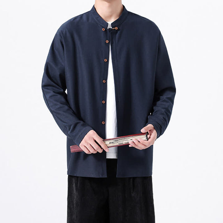 Buddha Stones Camicia da uomo a maniche lunghe, tinta unita, stile Tang, primaverile casual, con bottoni. - image 3