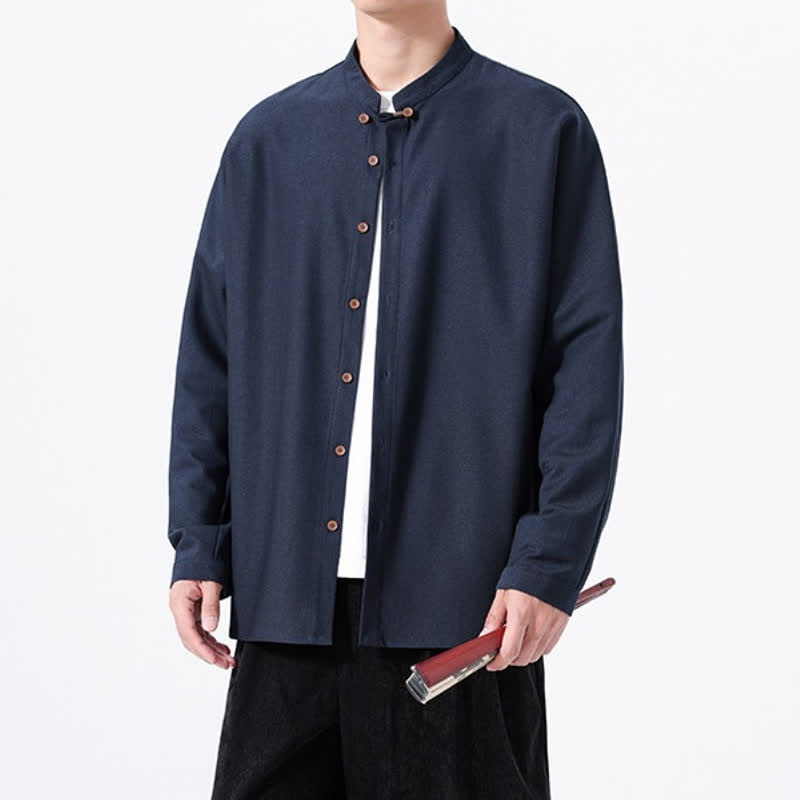 Buddha Stones Camicia da uomo a maniche lunghe, tinta unita, stile Tang, primaverile casual, con bottoni. - image 2
