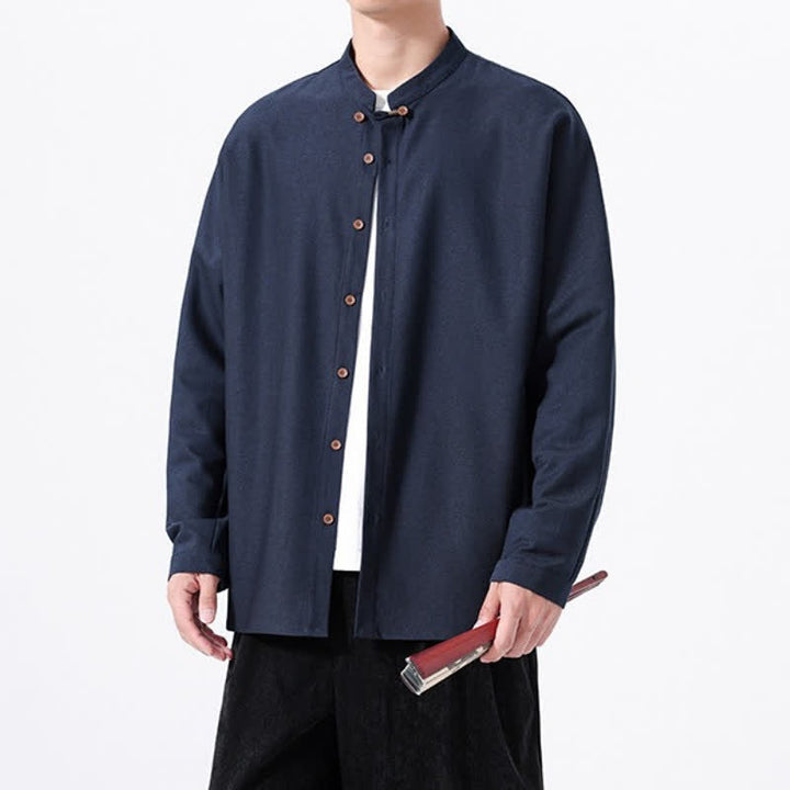 Buddha Stones Camicia da uomo a maniche lunghe, tinta unita, stile Tang, primaverile casual, con bottoni. - image 2