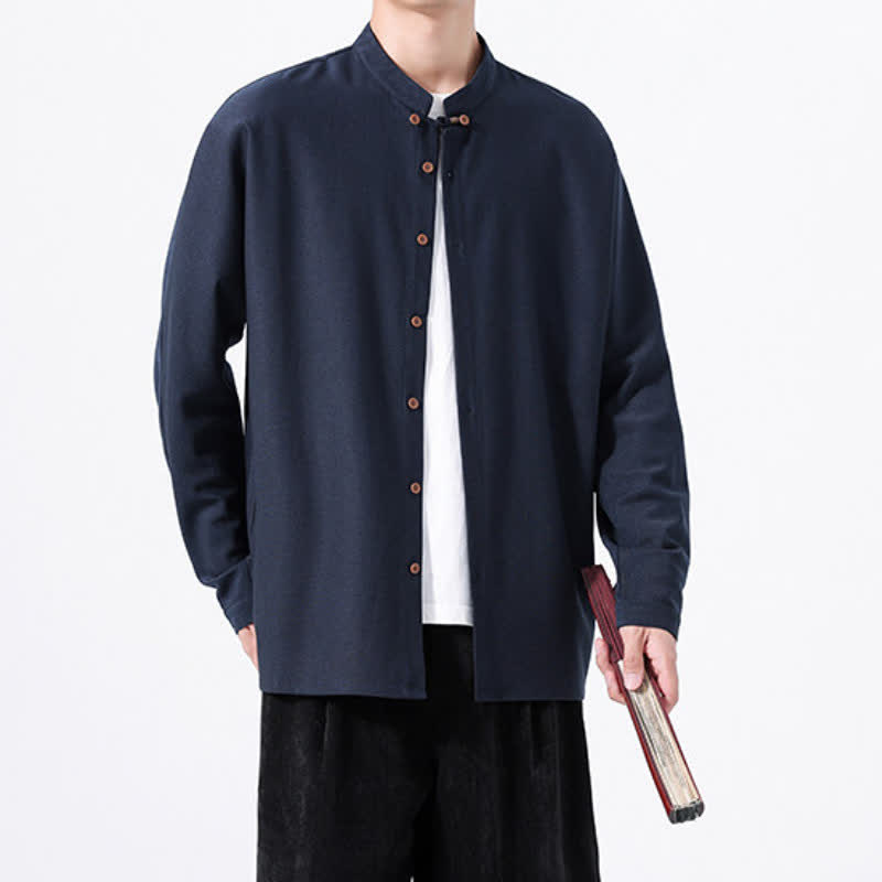 Buddha Stones Camicia da uomo a maniche lunghe, tinta unita, stile Tang, primaverile casual, con bottoni. - image 7