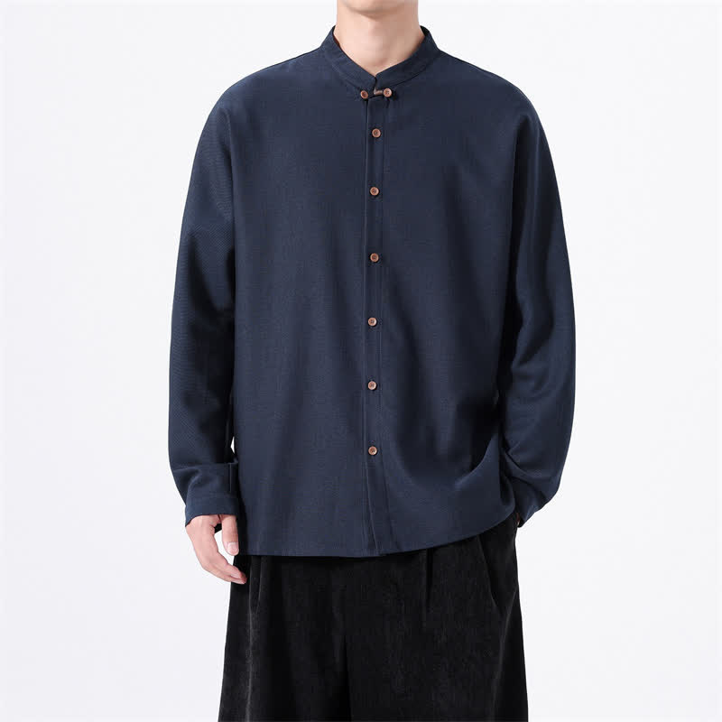 Buddha Stones Camicia da uomo a maniche lunghe, tinta unita, stile Tang, primaverile casual, con bottoni. - image 6