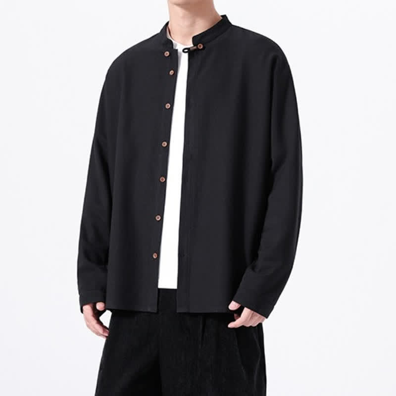 Buddha Stones Camicia da uomo a maniche lunghe, tinta unita, stile Tang, primaverile casual, con bottoni. - image 10