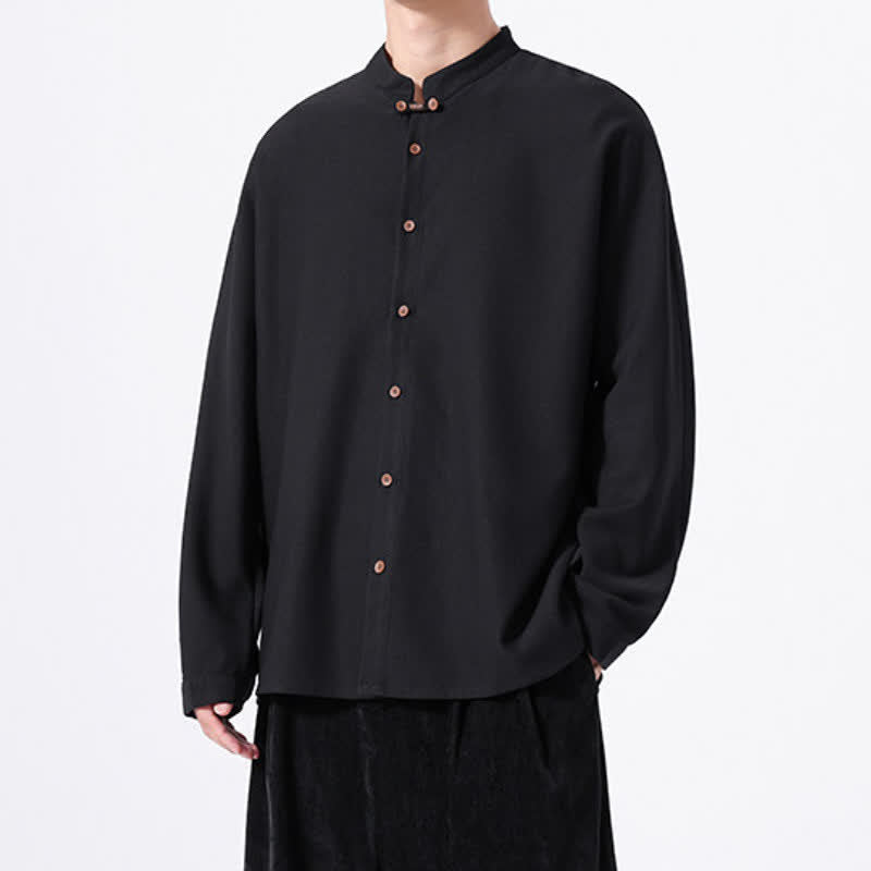 Buddha Stones Camicia da uomo a maniche lunghe, tinta unita, stile Tang, primaverile casual, con bottoni. - image 11