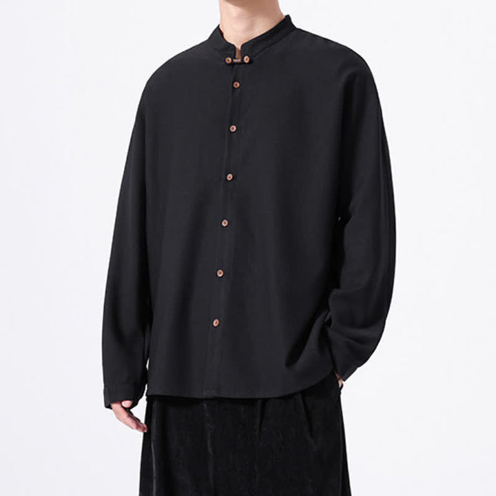 Buddha Stones Camicia da uomo a maniche lunghe, tinta unita, stile Tang, primaverile casual, con bottoni. - image 11