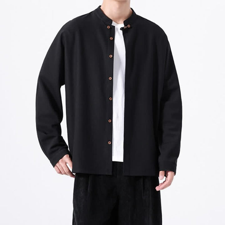 Buddha Stones Camicia da uomo a maniche lunghe, tinta unita, stile Tang, primaverile casual, con bottoni. - image 12