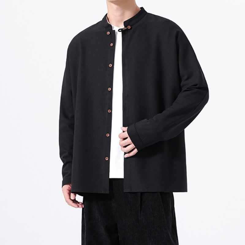 Buddha Stones Camicia da uomo a maniche lunghe, tinta unita, stile Tang, primaverile casual, con bottoni. - image 13